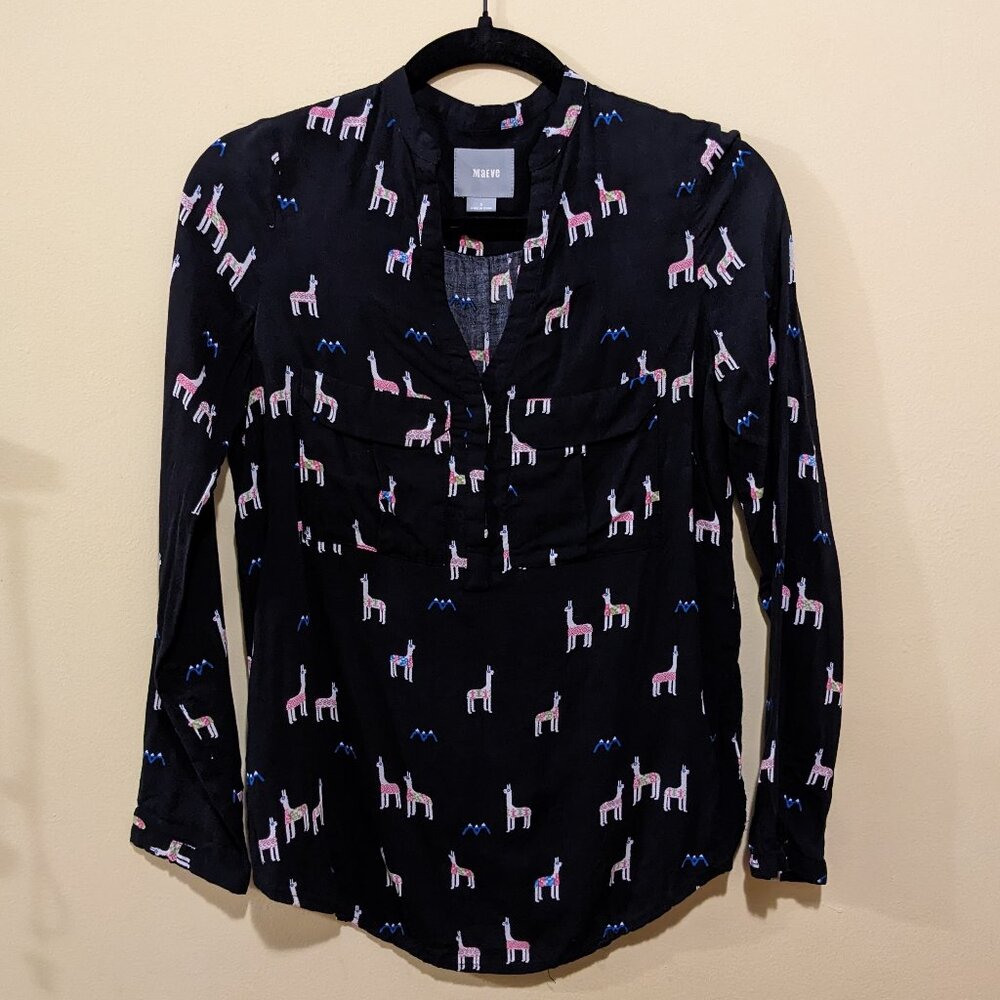 Anthropologie Maeve Llama Black Half Button V-neck 0 0P XS